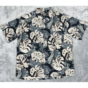 Hawaiian 100% Silk‎ Mens Medium Shirt Short Sleeve Monstera Floral Natural Life